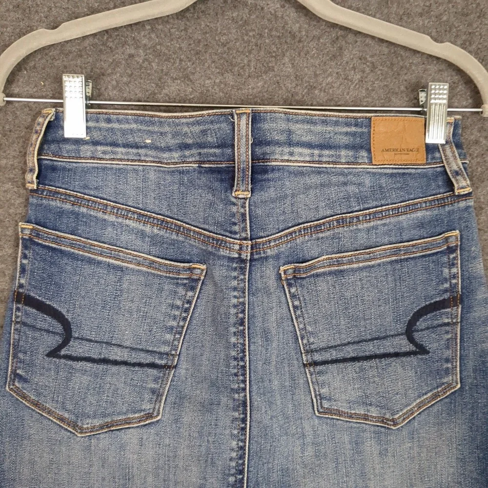 American Eagle Super‎ Stretch X Denim Mini Skirt Blue Distressed Raw Hem Size 2
